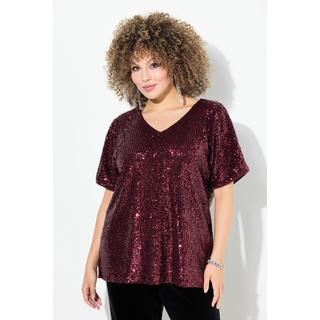 Ulla Popken  T-shirt oversized à paillettes, décolleté en V et manches courtes 