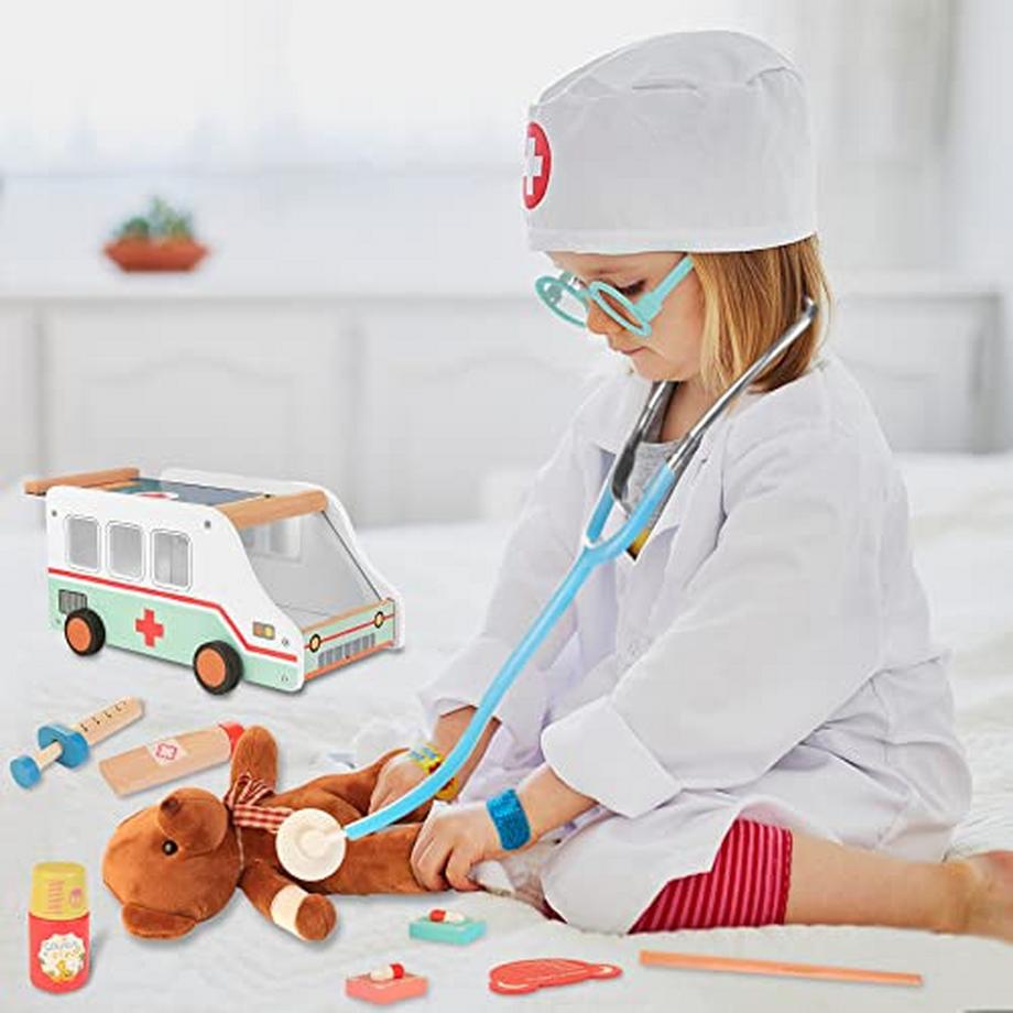 Activity-board  Hölzerne Ambulanz für Kinder, 37 Stück Arztkoffer mit Ambulanz Spielzeug & Plüschbär Rollenspiel 
