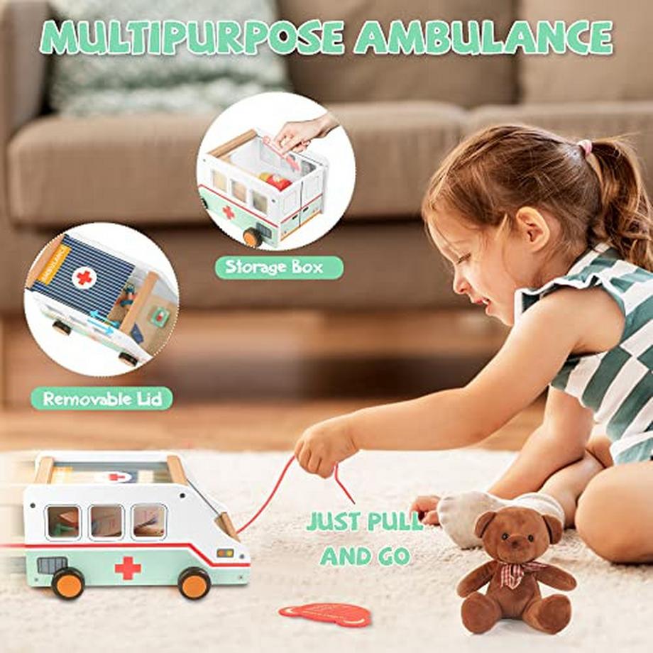 Activity-board  Hölzerne Ambulanz für Kinder, 37 Stück Arztkoffer mit Ambulanz Spielzeug & Plüschbär Rollenspiel 