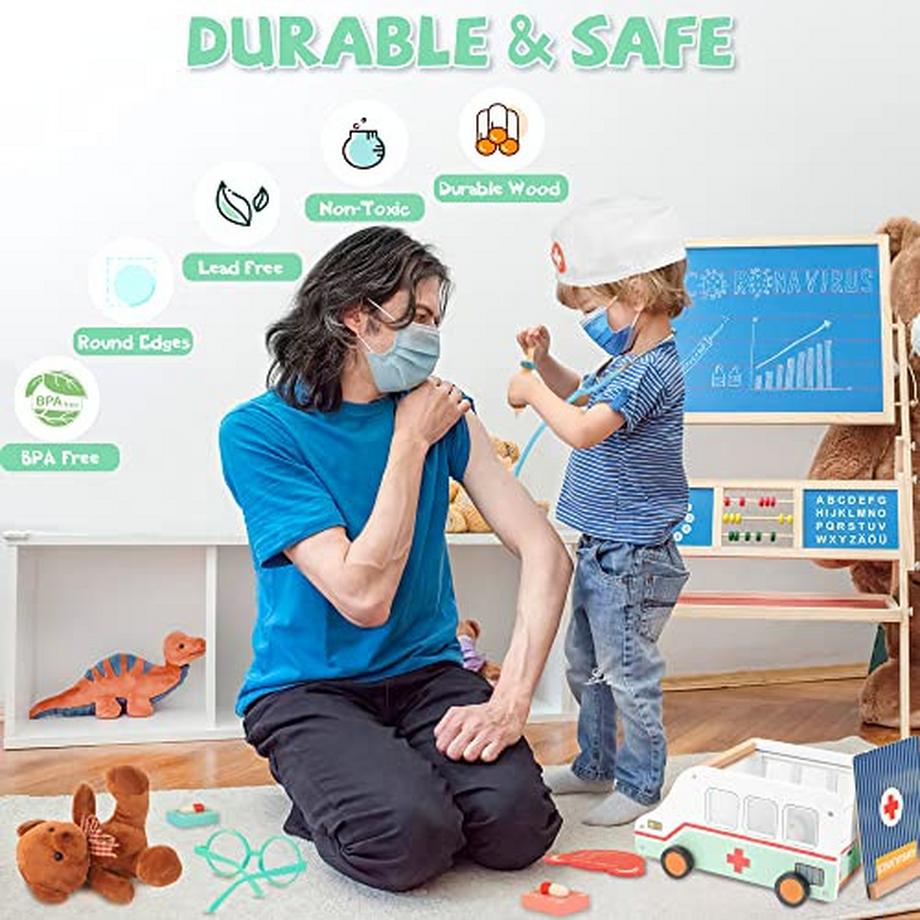 Activity-board  Hölzerne Ambulanz für Kinder, 37 Stück Arztkoffer mit Ambulanz Spielzeug & Plüschbär Rollenspiel 