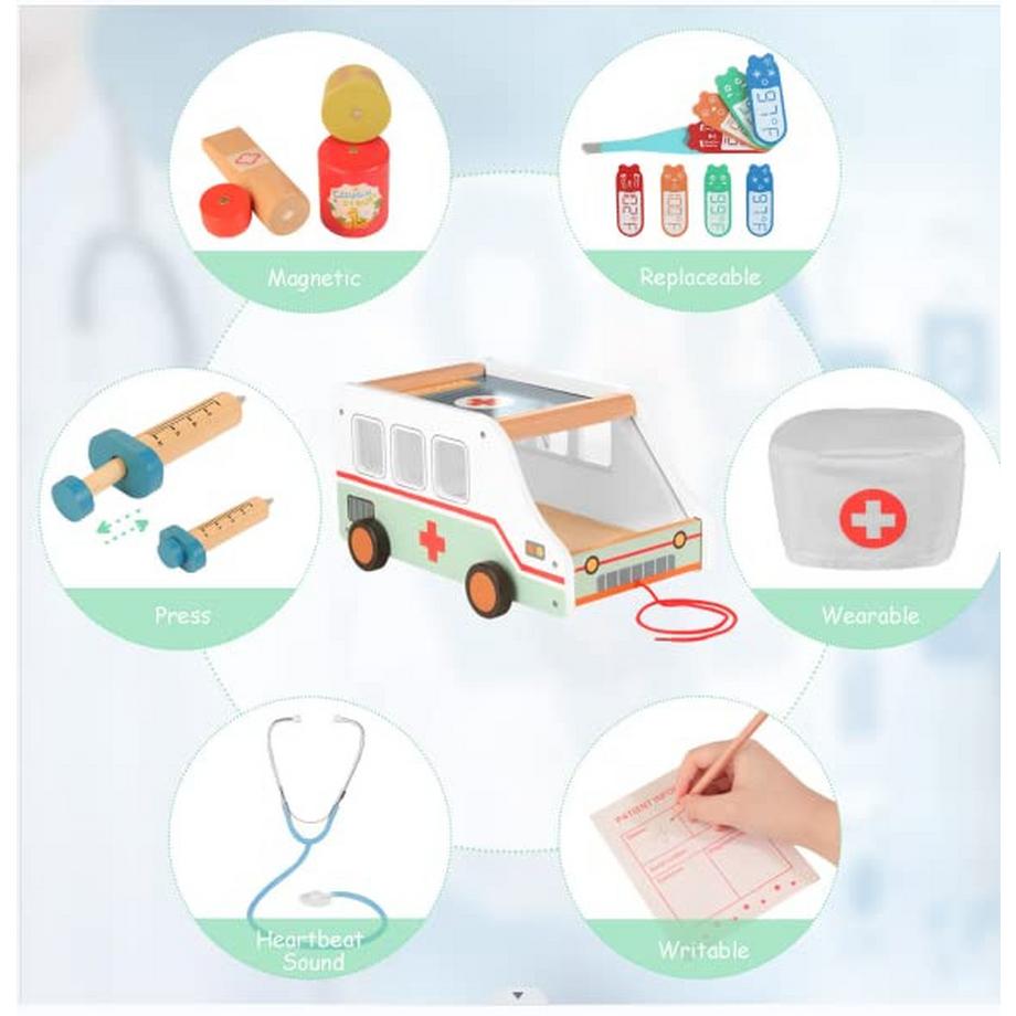 Activity-board  Hölzerne Ambulanz für Kinder, 37 Stück Arztkoffer mit Ambulanz Spielzeug & Plüschbär Rollenspiel 