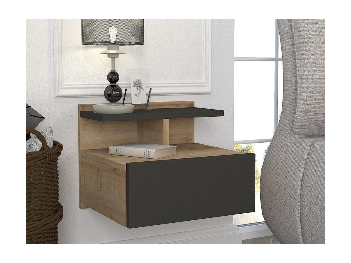 Vente-unique Comodino sospeso 1 cassetto Naturale e Antracite - AZELNO  