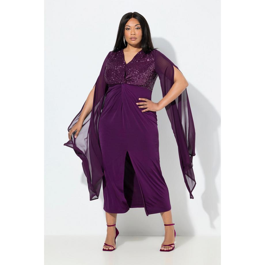 Ulla Popken Robe Maxi Chiffon Paillettes Col V Manches Longues  