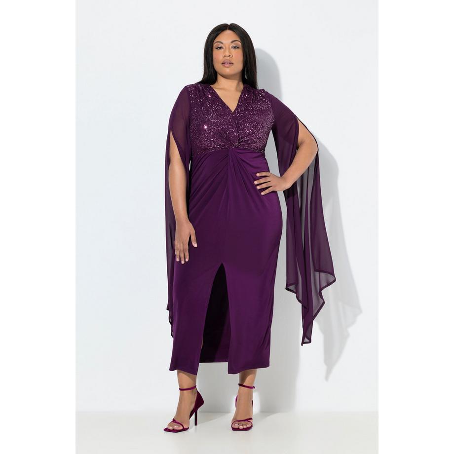 Ulla Popken Robe Maxi Chiffon Paillettes Col V Manches Longues  