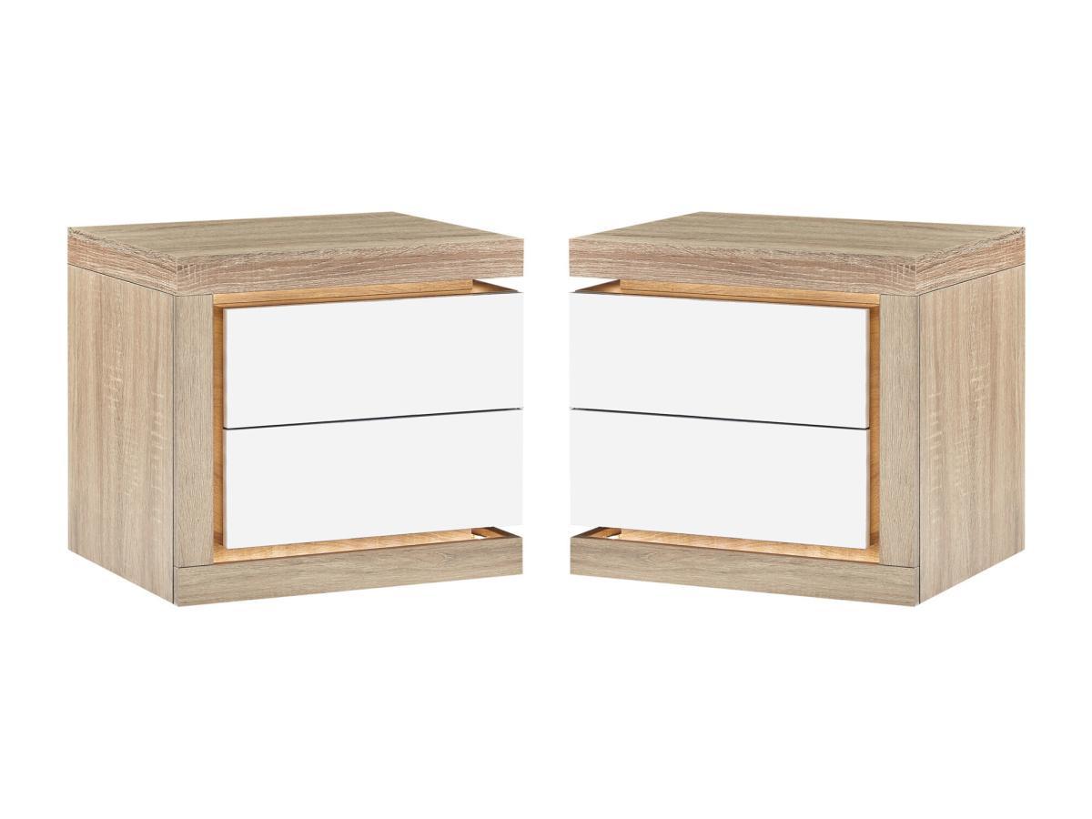Vente-unique 2er-Set Nachttische mit 2 Schubladen & LED-Beleuchtung - Weiß lackiert und Holzfarben - FLARANCIA  