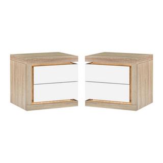 Vente-unique 2er-Set Nachttische mit 2 Schubladen & LED-Beleuchtung - Weiß lackiert und Holzfarben - FLARANCIA  