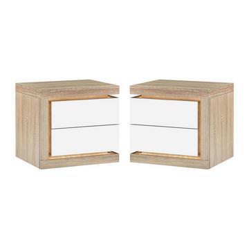 2er-Set Nachttische mit 2 Schubladen & LED-Beleuchtung - Weiß lackiert und Holzfarben - FLARANCIA