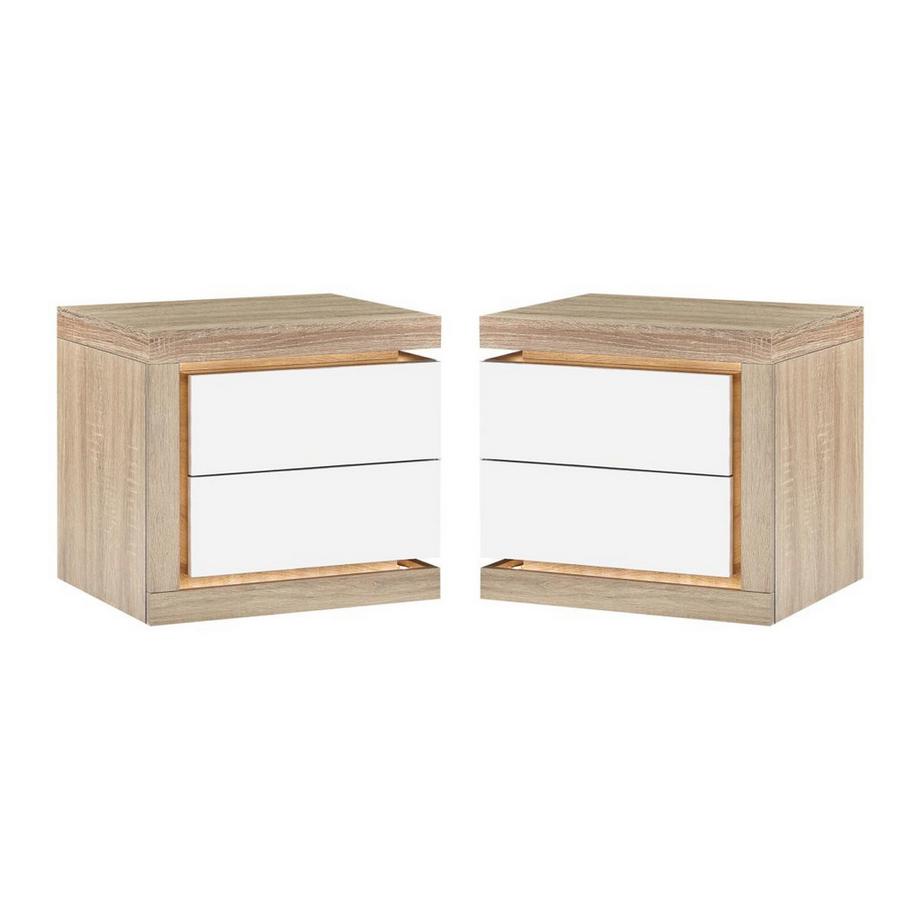 Lot de 2 table de chevet avec 2 tiroirs - Avec LEDs - Blanc laqué et naturel - FLARANCIA