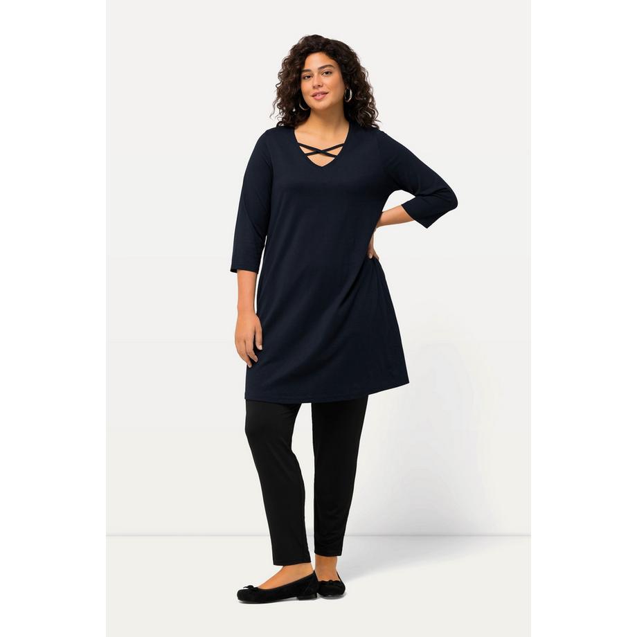 Ulla Popken Longshirt Zierbänder A-Linie V-Ausschnitt 3/4-Arm  