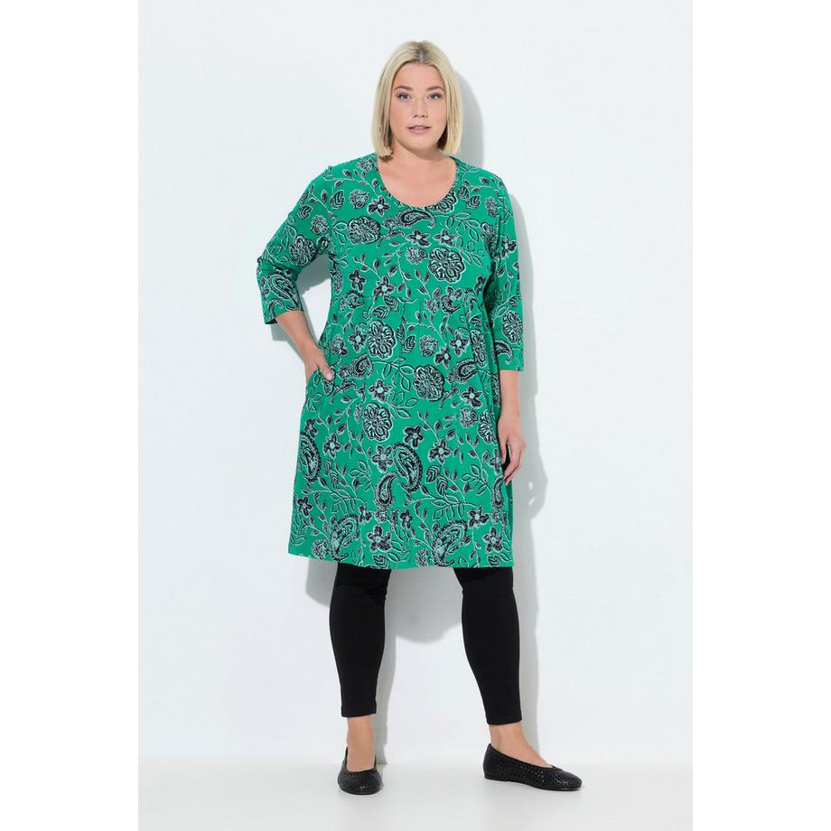 Ulla Popken Abito di jersey Paisley Scollo a girocollo Maniche 3/4 Taglio svasato  