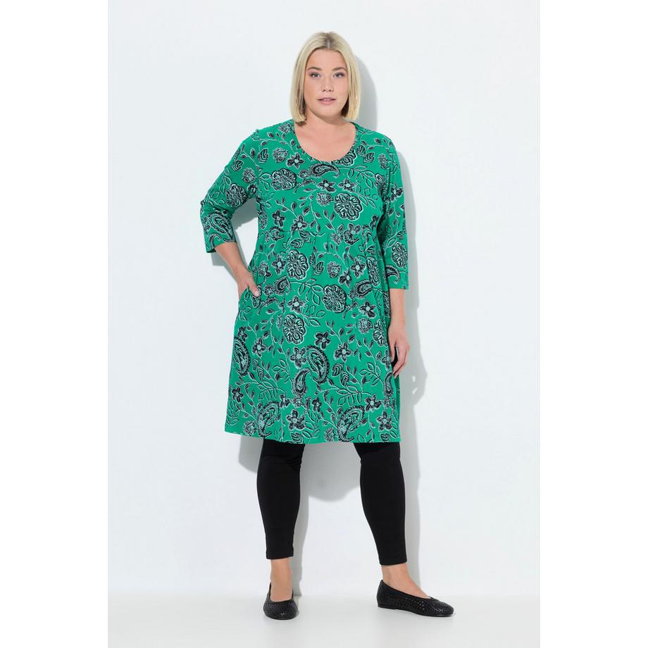 Ulla Popken Abito di jersey Paisley Scollo a girocollo Maniche 3/4 Taglio svasato  