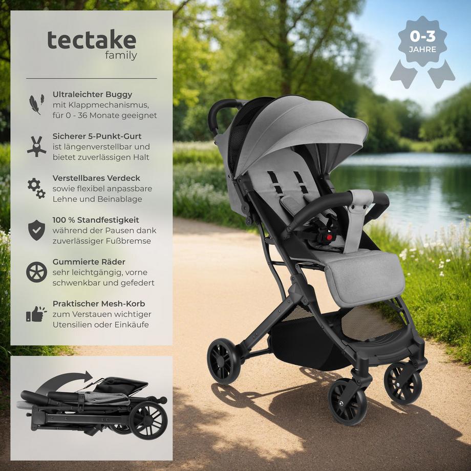Tectake  Poussette buggy FINN pliage à une main avec harnais à 5 points, frein de stationnement et arceau de sécurité 