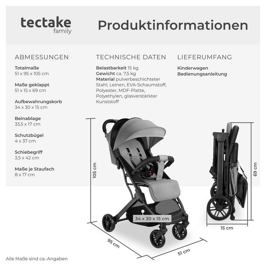Tectake  Poussette buggy FINN pliage à une main avec harnais à 5 points, frein de stationnement et arceau de sécurité 
