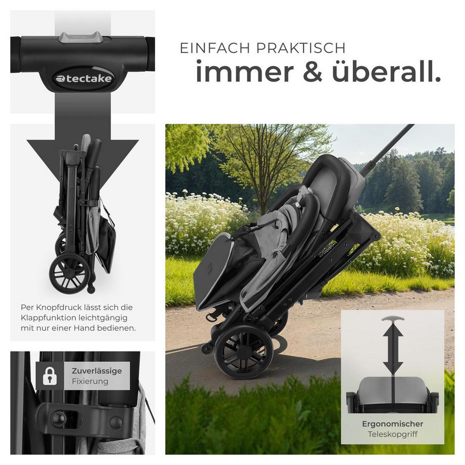 Tectake  Passeggino buggy Finn Con meccanismo di chiusura a una mano, cintura a 5 punti, freno di stazionamento, barra di protezione 