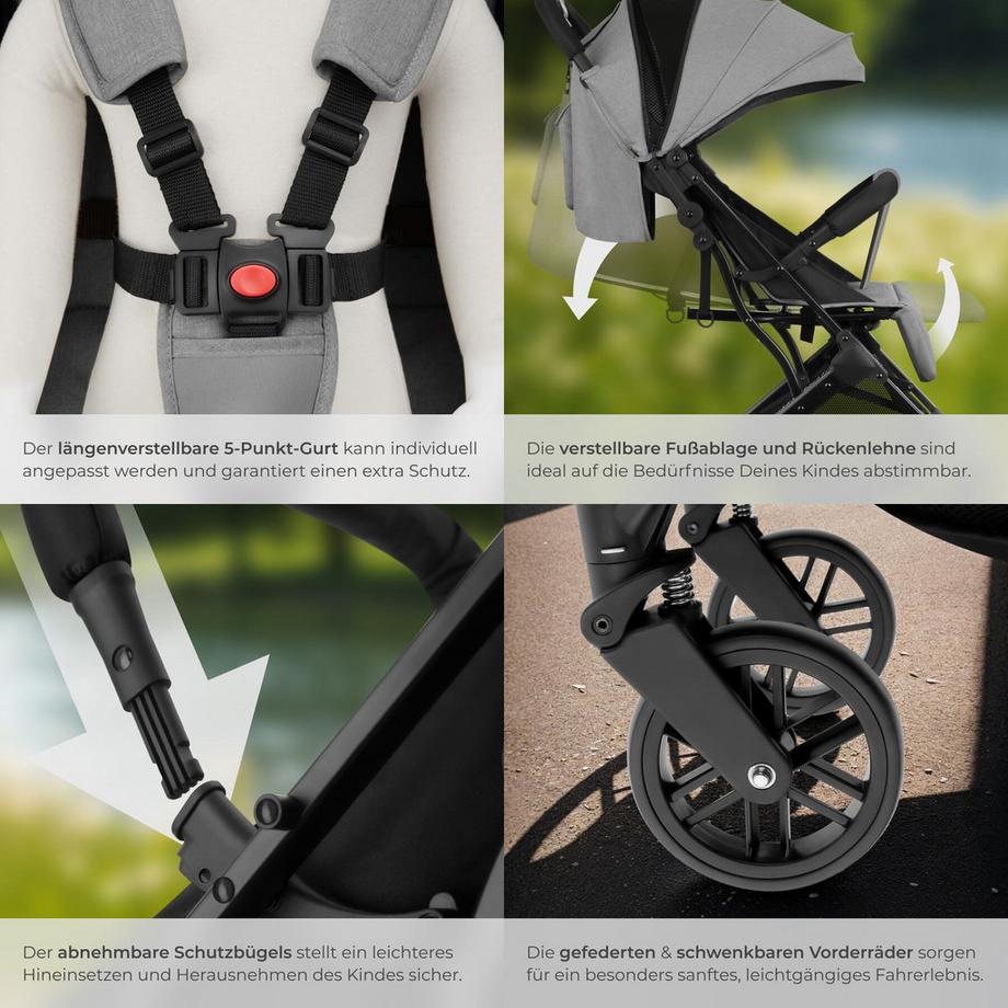 Tectake  Passeggino buggy Finn Con meccanismo di chiusura a una mano, cintura a 5 punti, freno di stazionamento, barra di protezione 