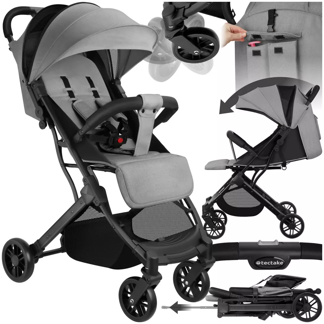 Tectake - Buggy-Kinderwagen Finn Einhand-Klappmechanismus, mit 5-Punkt-Gurt, Feststellbremse, Schutzbügel verstellbare Rückenlehne und Beinablage, faltbares Verdeck mit Belüftungsöffnungen, Grau