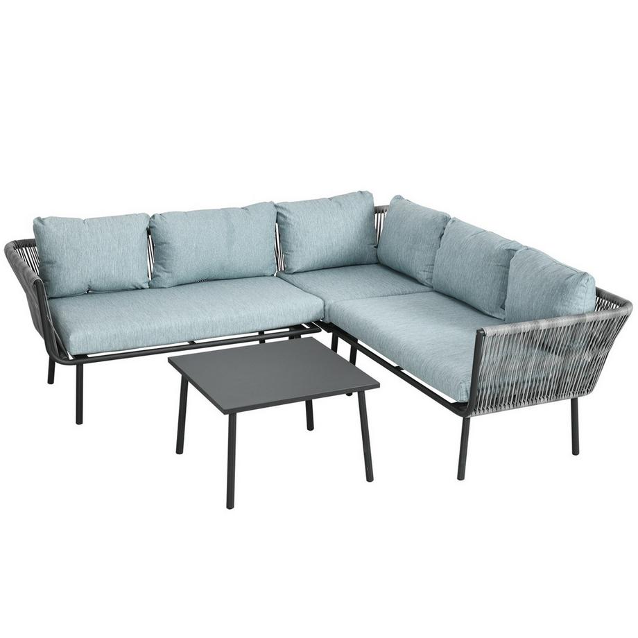 Set Di Mobili Da Giardino In Rattan Da 4 Pezzi, Set Di Sedute Con Cuscini, Gruppo Di Sedute Con 2 Divani Doppi, 1 Divano Ad Angolo, 1 Tavolino Da Caffè, Set Da Giardino Per Balcone, Terrazza, Alluminio + Poliestere, Grigio