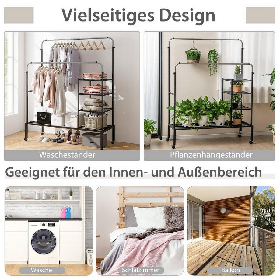 Northix Kleiderständer mit 2 Kleiderstangen Wäscheständer auf Rollen Garderobenständer höhenverstellbar 135 x 54 x 170cm Silber  