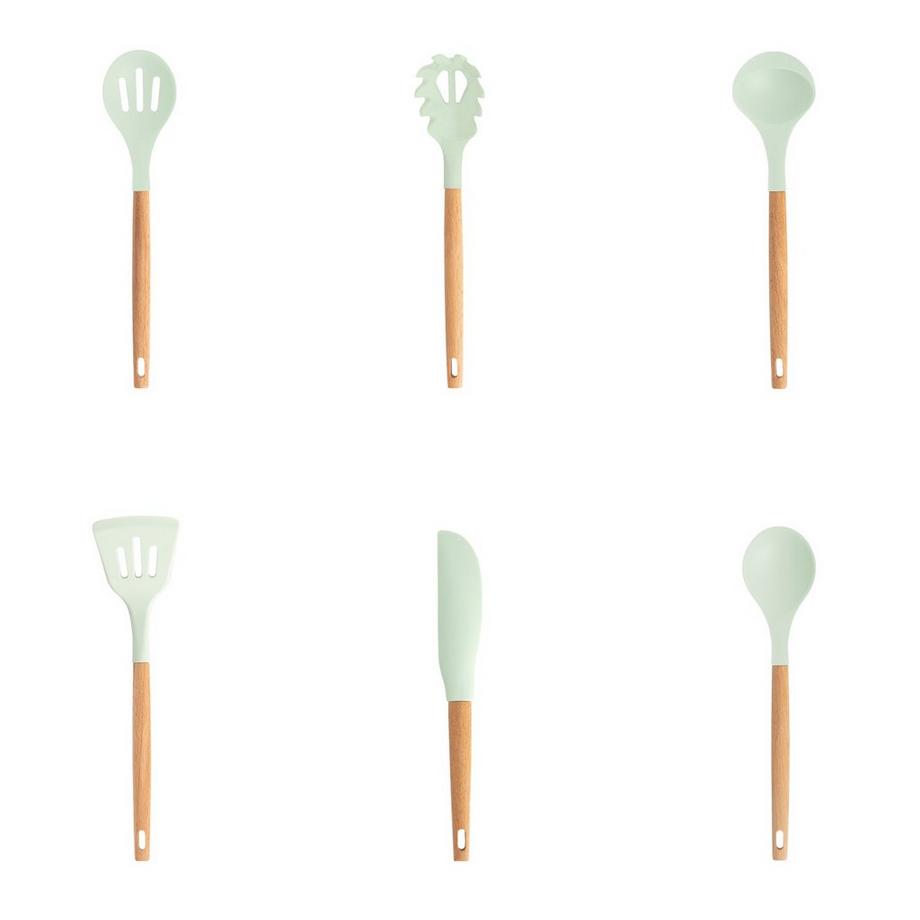 CREATE  KÜCHENUTENSILIEN-SET AUS SILIKON UND HOLZ pastelgrün 
