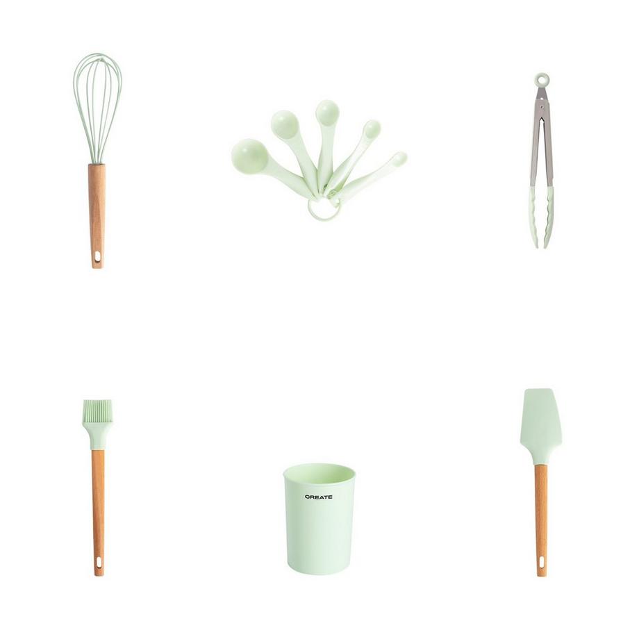 CREATE  KÜCHENUTENSILIEN-SET AUS SILIKON UND HOLZ pastelgrün 