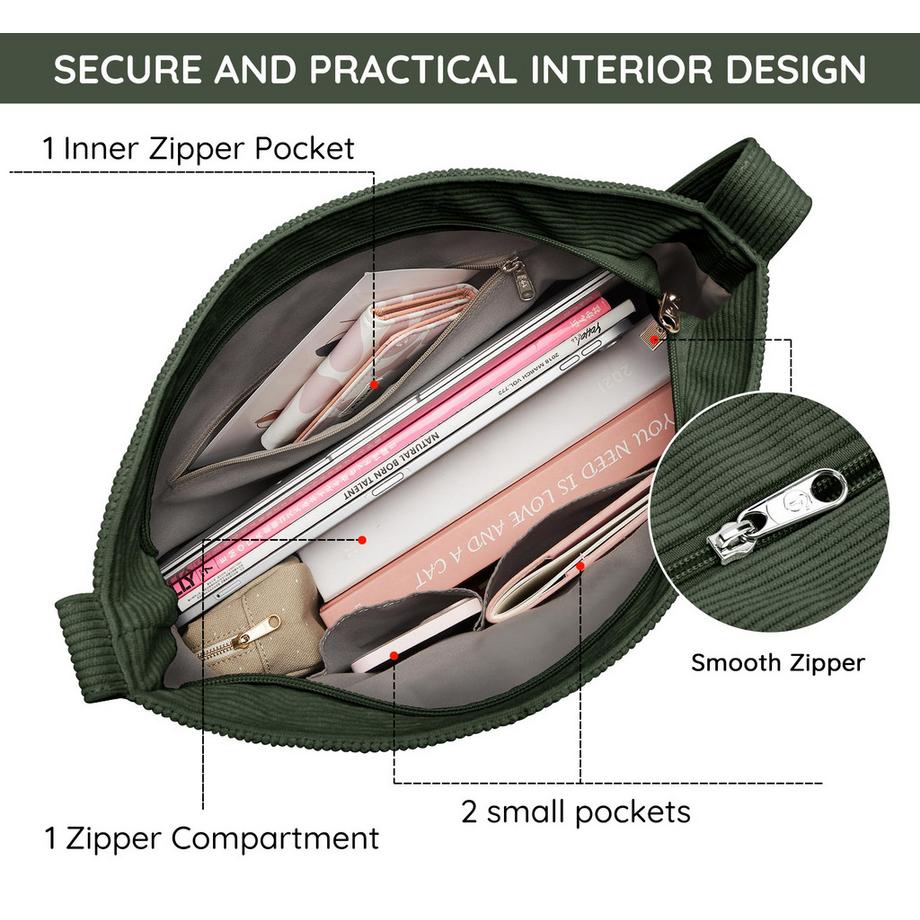 Only-bags.store Sac à bandoulière en velours côtelé avec fermeture éclair Shopper étanche  