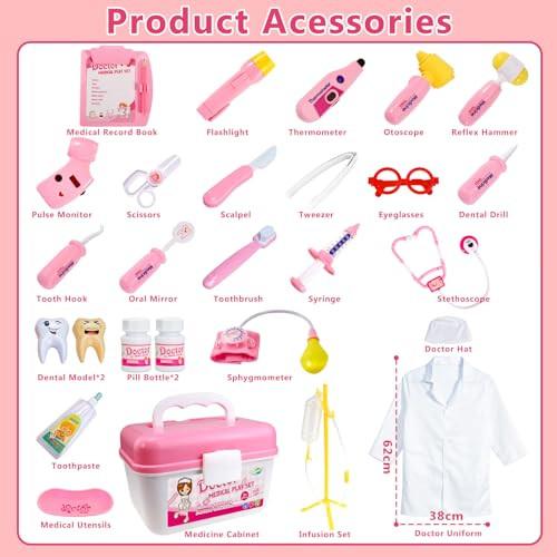 Activity-board  Valise de docteur pour filles de 3 ans et plus, idées cadeaux, valise de docteur pour enfants, manteau de docteur, ensemble de jeu de rôle pour enfants, jouets cadeaux, jouets pour tout-petits de 4, 5, 6 ans et plus (rose) 