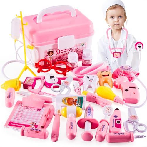 Activity-board  Valise de docteur pour filles de 3 ans et plus, idées cadeaux, valise de docteur pour enfants, manteau de docteur, ensemble de jeu de rôle pour enfants, jouets cadeaux, jouets pour tout-petits de 4, 5, 6 ans et plus (rose) 