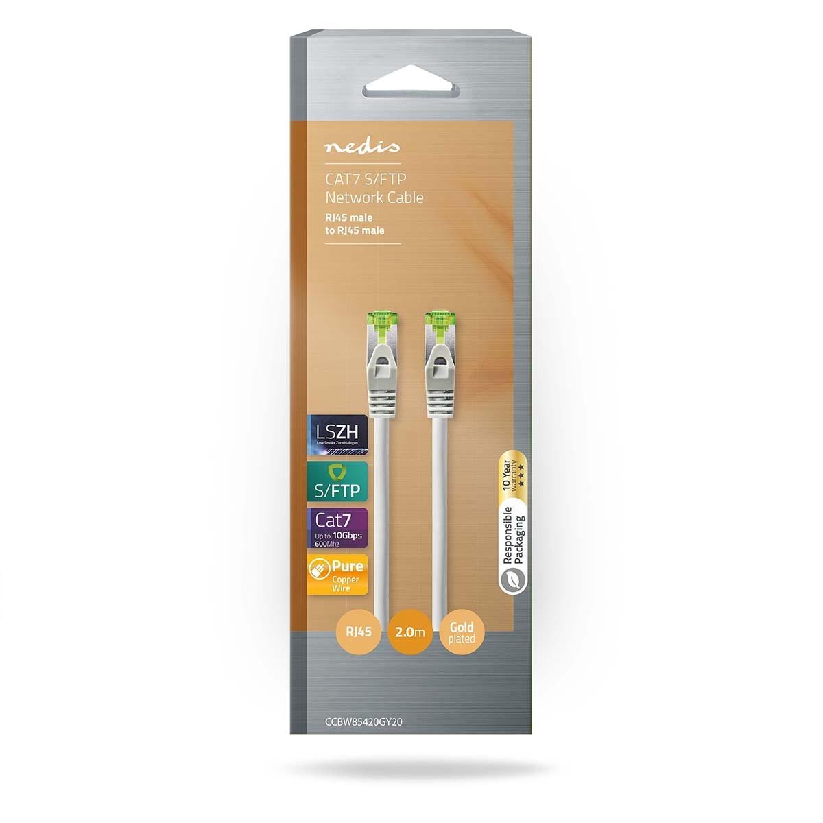 Nedis  Câble réseau CAT7 | S/FTP | RJ45 mâle | RJ45 mâle | 2.00 m | Sans accroc | Rond | LSZH | Gris | Emballé 