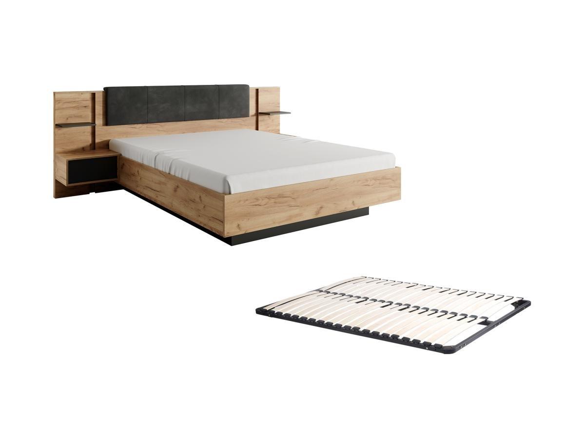 Vente-unique Bett mit Nachttischen + Lattenrost - 160 x 200 cm - Mit LED-Beleuchtung - Holzfarben & Anthrazit - ELYNIA  