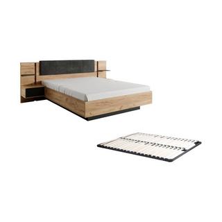 Vente-unique Bett mit Nachttischen + Lattenrost - 160 x 200 cm - Mit LED-Beleuchtung - Holzfarben & Anthrazit - ELYNIA  