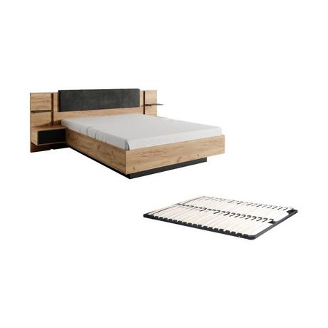 Vente-unique Bett mit Nachttischen + Lattenrost - 160 x 200 cm - Mit LED-Beleuchtung - Holzfarben & Anthrazit - ELYNIA  