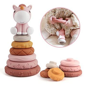 Jouets à empiler 7 pièces avec anneaux, jouets de dentition pour bébé, cercle de construction de cercle de nidification avec figure de cheval, cadeaux de jouets d'éducation précoce pour bébé en bas âge de 6 12 18 mois