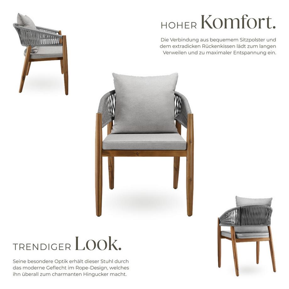 Tectake Gartenstuhl Manacor lasiertes Akazienholz, wetterfest Arm- und Rückenlehne im Rope-Design  