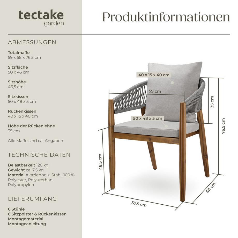 Tectake Gartenstuhl Manacor lasiertes Akazienholz, wetterfest Arm- und Rückenlehne im Rope-Design  