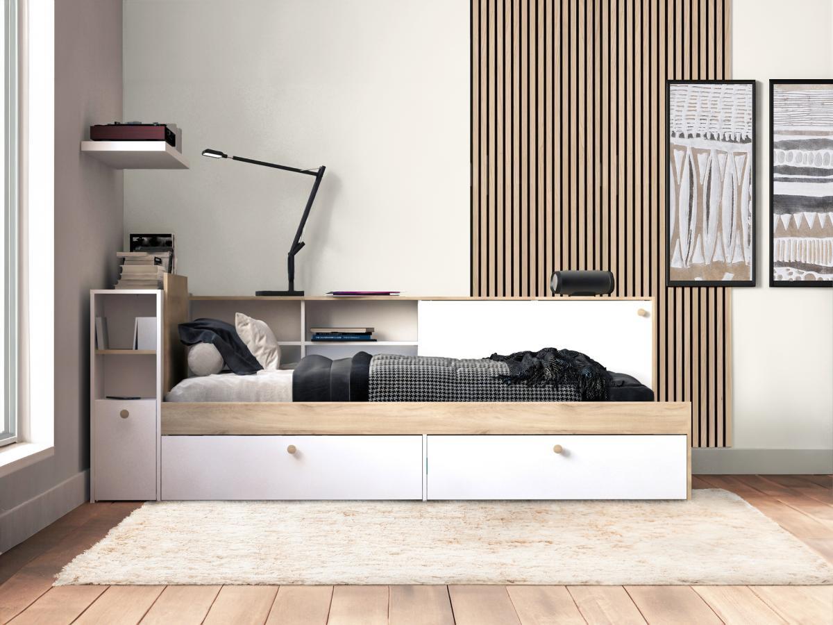 Vente-unique Letto modulare 90 x 190/200 cm Con vani portaoggetti Bianco e Naturale - LIARA  