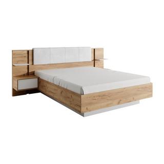 Vente-unique Lit coffre avec chevets 160 x 200 cm - Avec LEDs - Coloris : Naturel et blanc + Matelas - ELYNIA  