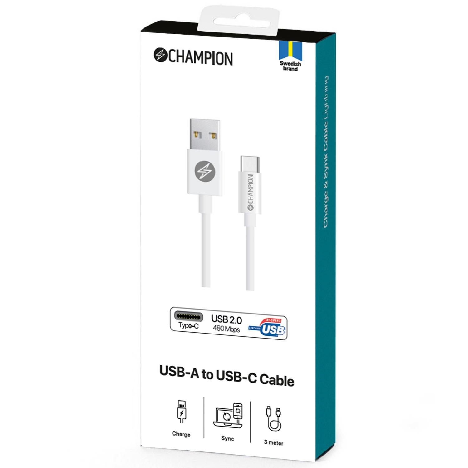 Champion  Cavo da USB-A a USB-C 3 m Bianco 