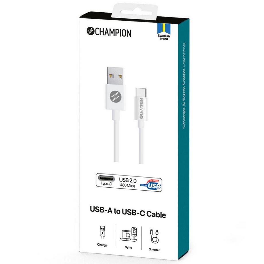 Champion  Cavo da USB-A a USB-C 3 m Bianco 