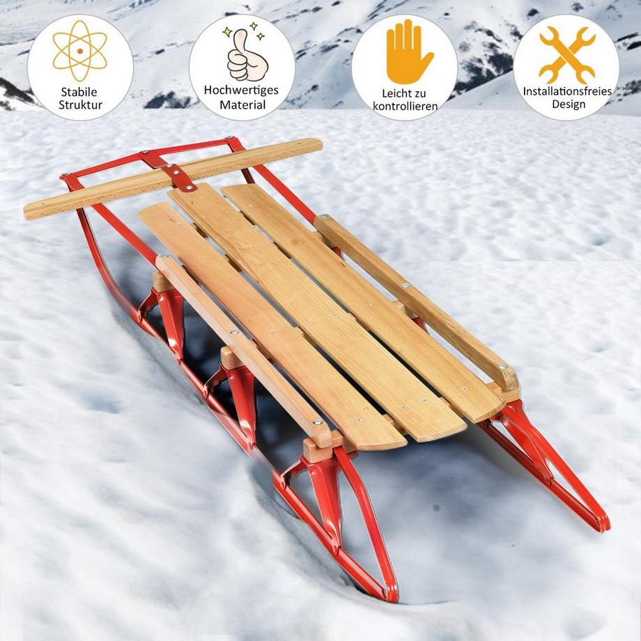 Northix  137 cm Schlitten Davoser Rodel Holz & Metall 150 kg Belastbar für Kinder und Erwachsene 