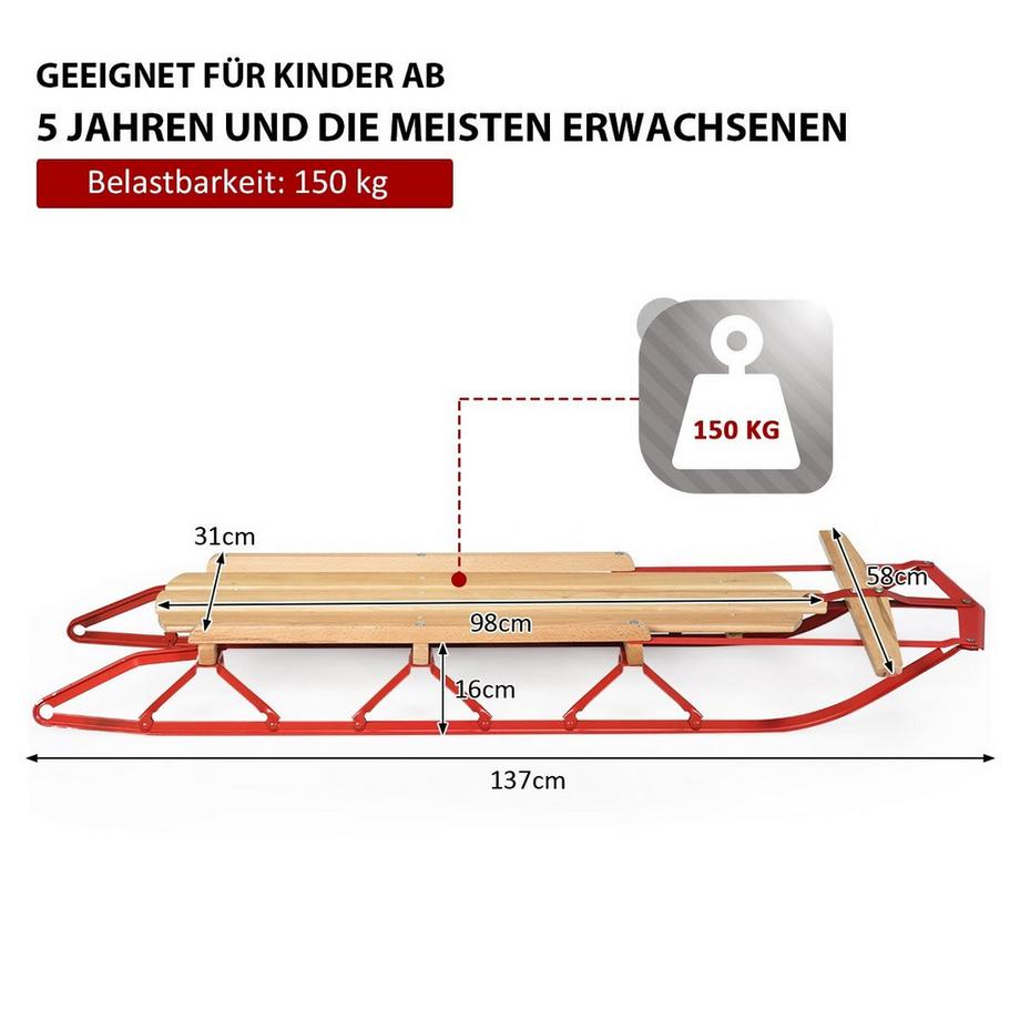 Northix  137 cm Schlitten Davoser Rodel Holz & Metall 150 kg Belastbar für Kinder und Erwachsene 