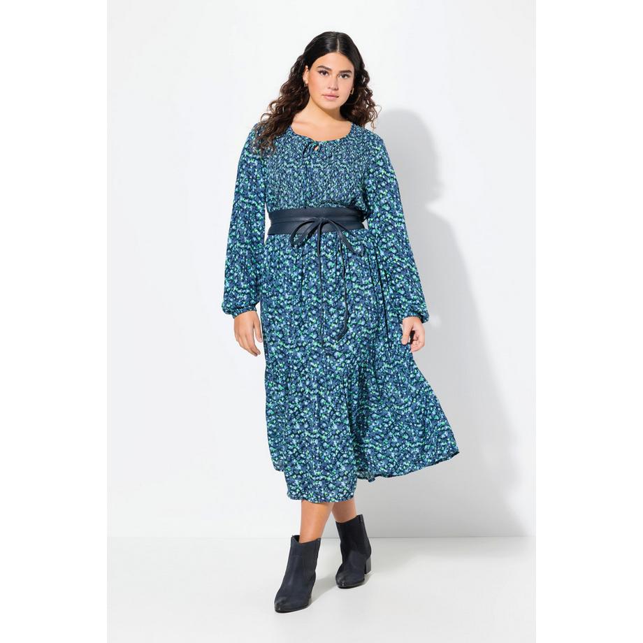 Ulla Popken Robe midi fleurs A-ligne col rond manches longues  