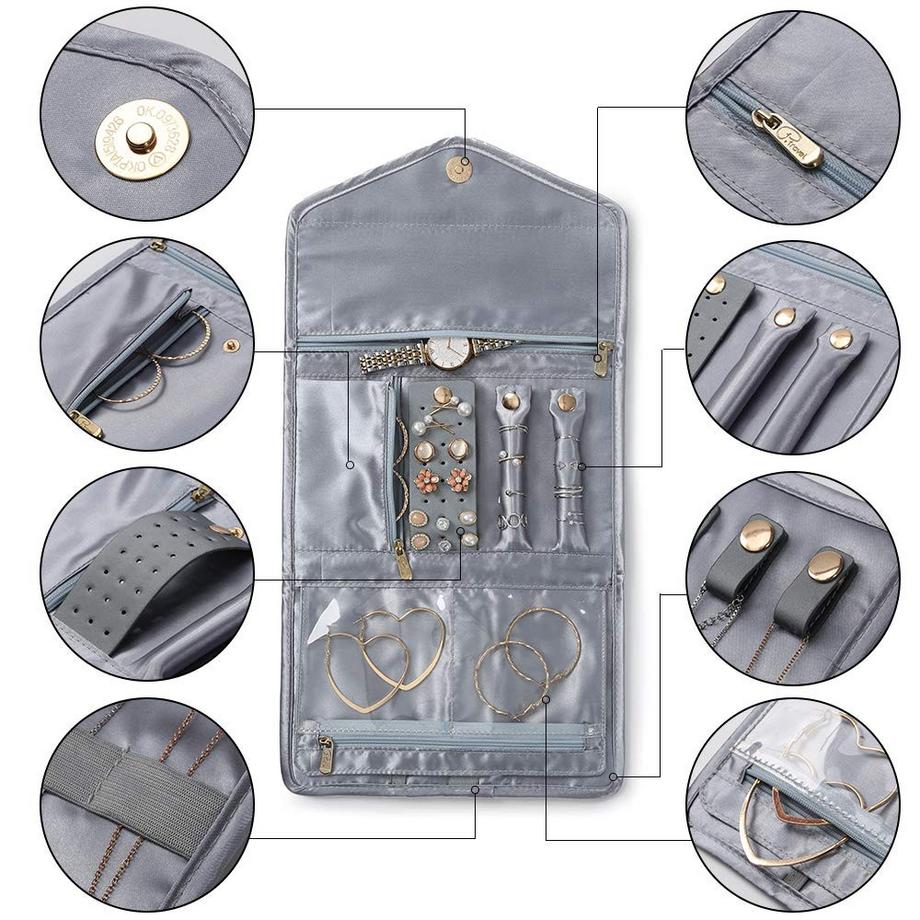 Only-bags.store  Schmuckrollen, Reiseschmuck-Organizer, faltbare Aufbewahrungstasche für Reiseringe, Halsketten, Ohrringe, Armbänder, Uhren, Broschen 