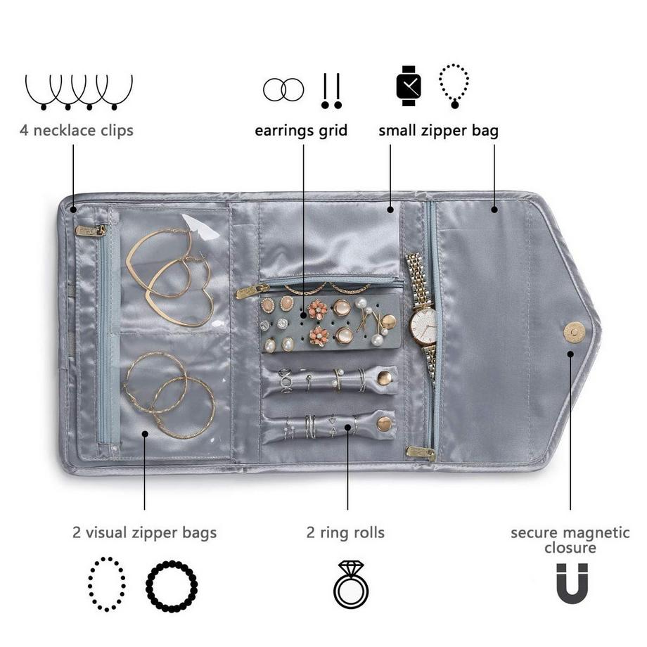 Only-bags.store  Schmuckrollen, Reiseschmuck-Organizer, faltbare Aufbewahrungstasche für Reiseringe, Halsketten, Ohrringe, Armbänder, Uhren, Broschen 