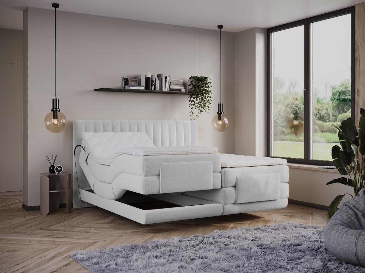 Vente-unique Boxspringbett mit vertikalen Ziernähten am Kopfteil + elektrischem Untergestell mit Relaxfunktion + Matratze + Topper - 2 x 80 x 200 cm - Samt - Hellgrau - DONISI von PALACIO  