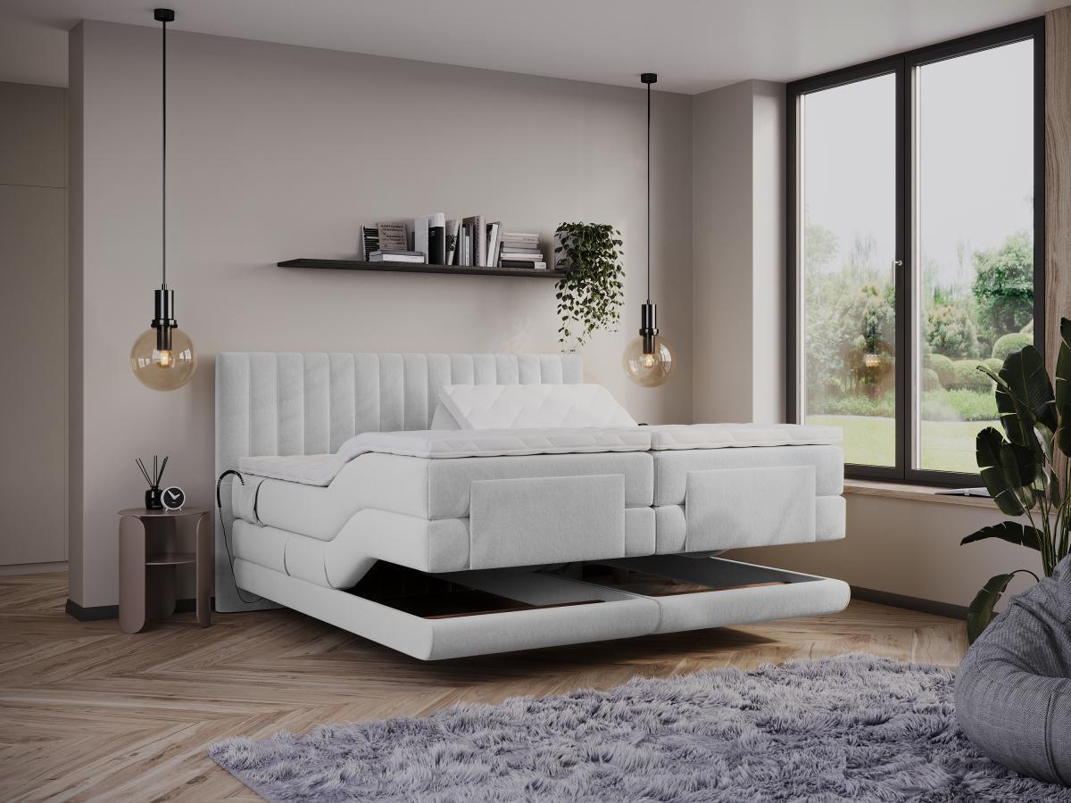 Vente-unique Boxspringbett mit vertikalen Ziernähten am Kopfteil + elektrischem Untergestell mit Relaxfunktion + Matratze + Topper - 2 x 80 x 200 cm - Samt - Hellgrau - DONISI von PALACIO  