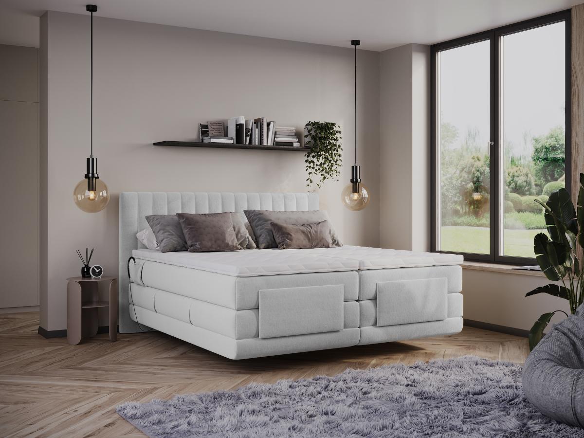 Vente-unique Boxspringbett mit vertikalen Ziernähten am Kopfteil + elektrischem Untergestell mit Relaxfunktion + Matratze + Topper - 2 x 80 x 200 cm - Samt - Hellgrau - DONISI von PALACIO  