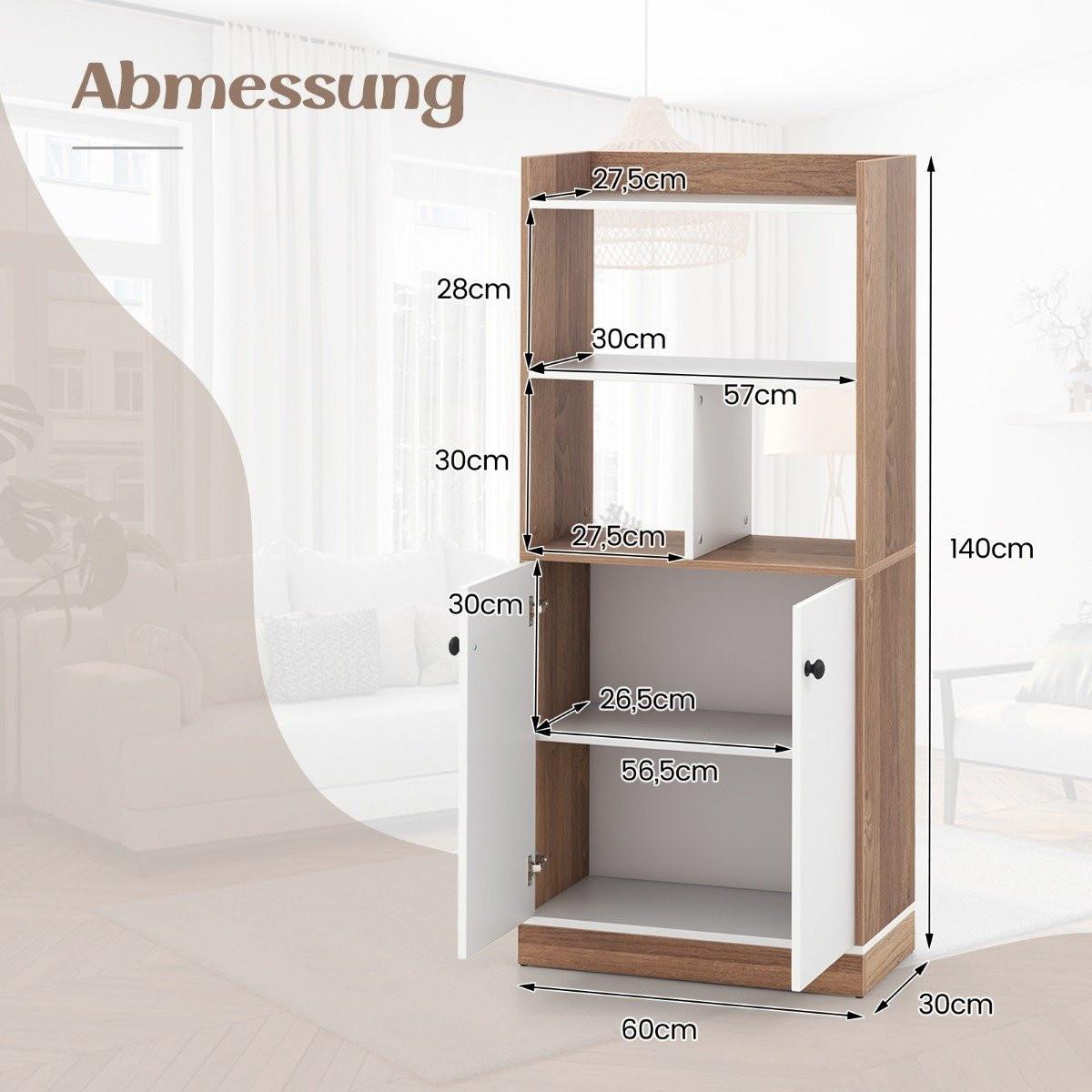 B2X Bücherregal mit Doppeltürschrank 3-stöckiges Standregal mit Offenen Fächern 60 x 30 x 140 cm  