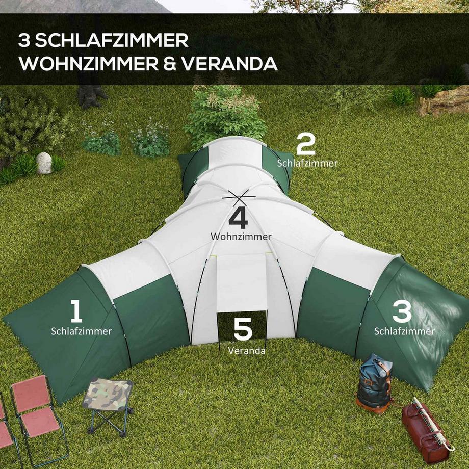 Northio  Tente tunnel, tente de camping pour 6 à 9 personnes, tente familiale avec 3 chambres, salon, porche, sac de transport, Oxford résistant à l'eau 2000 mm, pour jardin, vert Aosom 