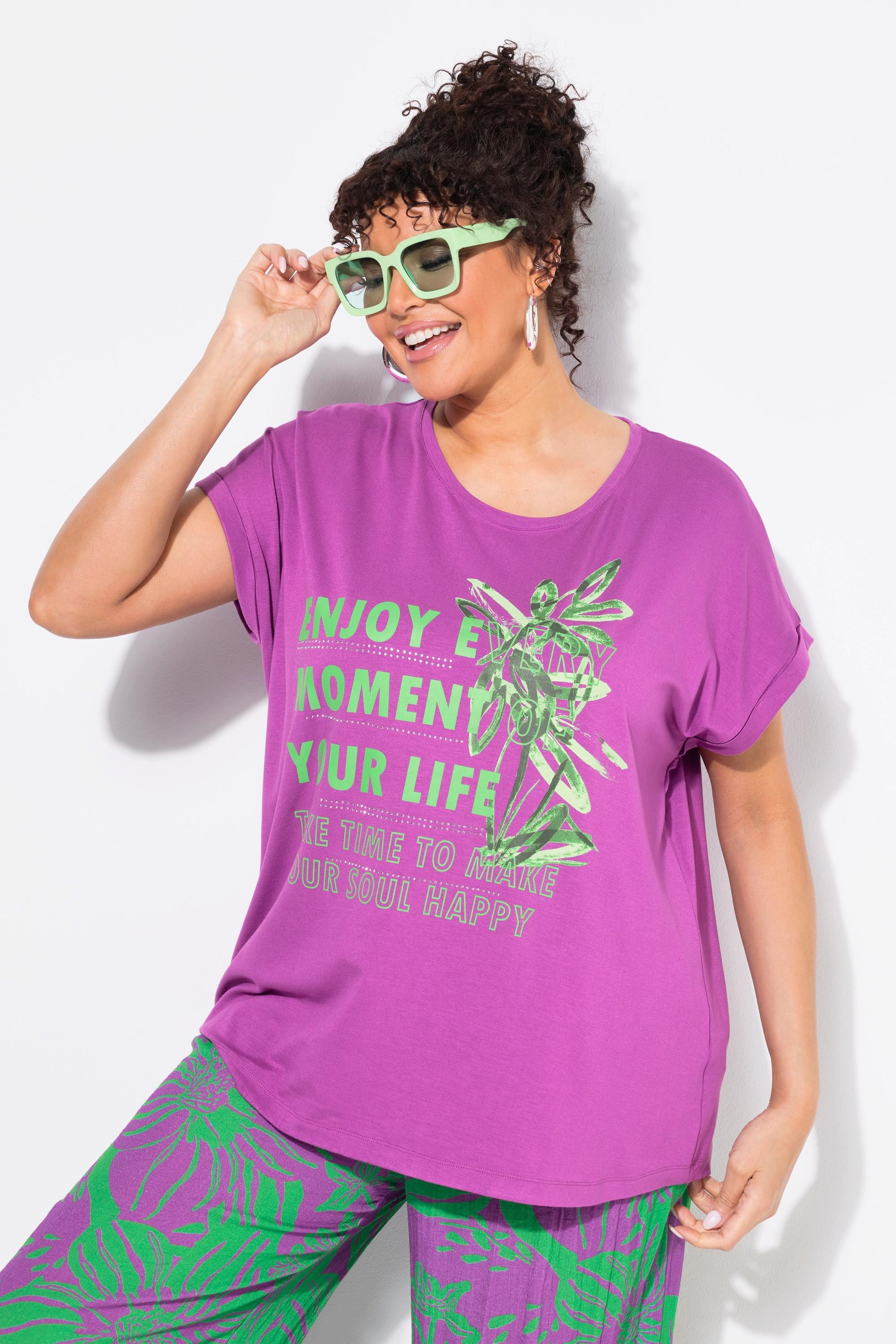 Ulla Popken  T-shirt dal taglio oversize con stampa, scollo a girocollo e mezze maniche 