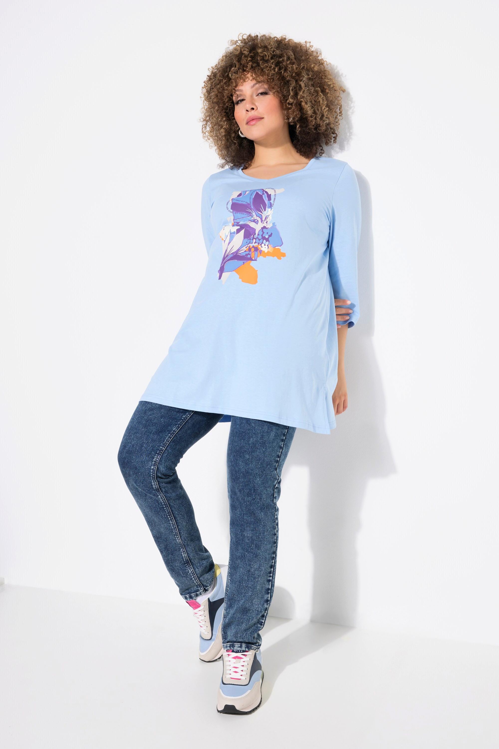 Ulla Popken  Longshirt, Blüten, A-Linie, V-Ausschnitt, 3/4-Arm 